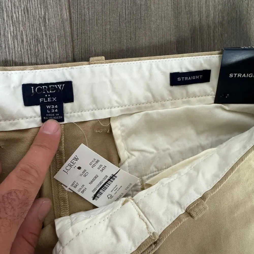 J.Crew Straight-Fit Flex Chino Pants Mens 34x34 Khaki Flat Front Zip Fly Stretch